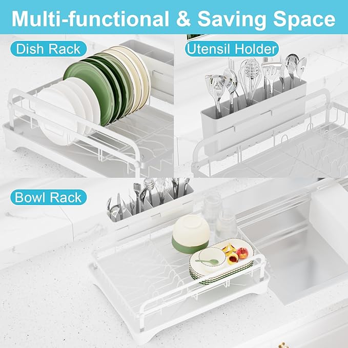 HOMEBOSILY Dish Drying Rack for Kitchen Counter - Large Capacity Dish Drying Rack with Drainboard, Kitchen Sink Dish Rack, Countertop Dish Drainer Rack with Cutlery Holders Dish Dryer Rack White