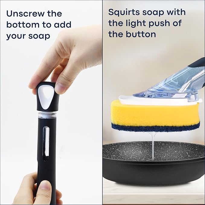 Dish Brush with Soap Dispenser Storage Set with 2 PCS Sponge Refills & Holder, Soap Dispensing Dish Brushes, Sponge with Soap Dispenser Handle, Dish Sponges with Handle for Dishes Pans Pots Sink