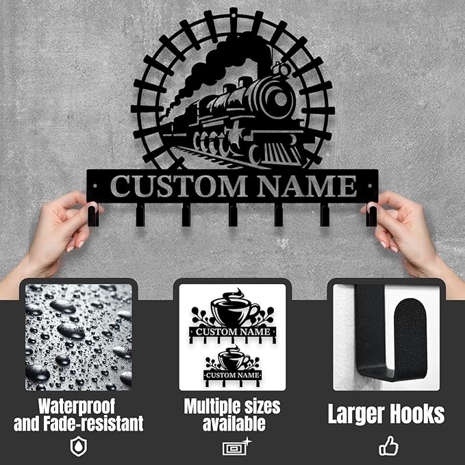 Personalized Train Metal Keys Hooks,Custom Name Metal Train Keys Hooks,Black Metal Train Wall Home Storage Decorative Keys Hooks,Key Holder Hooks for Wall (Style B)
