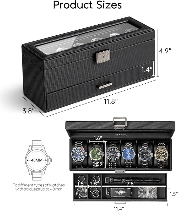 Vlando 6 Slots 2 Layers Watch Case for Men, Watch Box with Glass Lid, Lockable Watch Holder, Business Textured Leather Organizer Display Case, Soft Pillow, Gifts for Fathers, Dad, Husband - Black