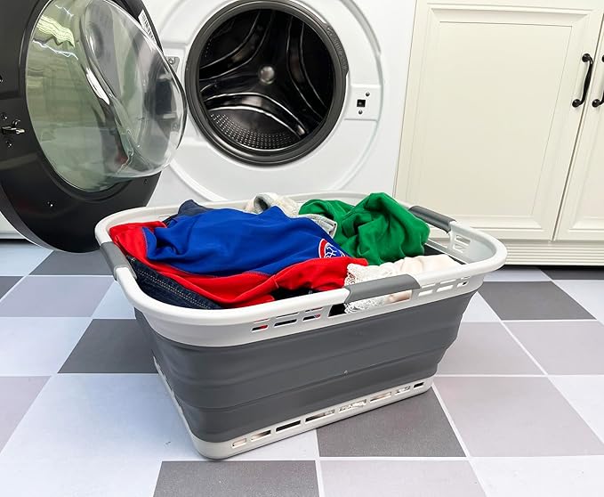 SAMMART 42L (11 Gallon) Collapsible Plastic Storage Basket - Foldable Pop Up Storage Container/Hamper - Portable Laundry Organizer - Space Saving (Grey/Steel Grey, 42L (Style B))