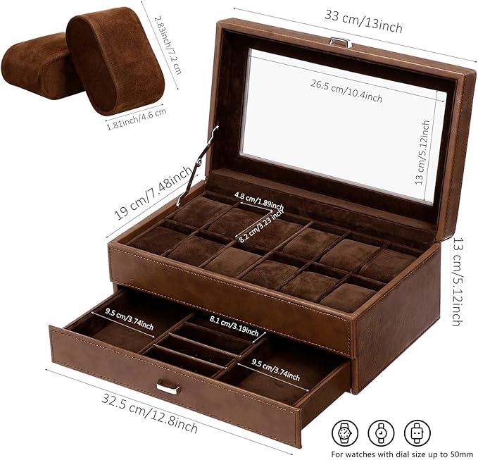BEWISHOME Watch Box for Men, 12-Slot Watch Case, 2-Layer Watch Case With Drawer, Mens Jewelry Box with Large Glass Lid, Watch Display Case Watch Holder Organizer Watch Storage for Men Women Espresso