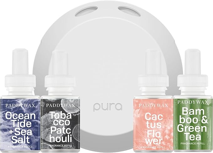 Pura 4 Smart Home Fragrance Device Starter Set - Scent Diffuser for Home - Ocean Tide & Sea Salt, Tobacco Patchouli, Catcus Flower, Bamboo & Green Tea