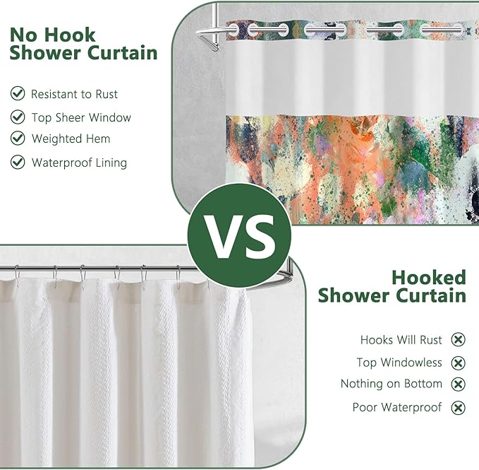 Abstract Colorful Shower Curtain with Liner, Watercolor Modern Aesthetic Bathroom Curtains, Hotel Style Double Layers No Hook Shower Curtain, Washable Waterproof Fabric, Green Yellow 71x74 inch