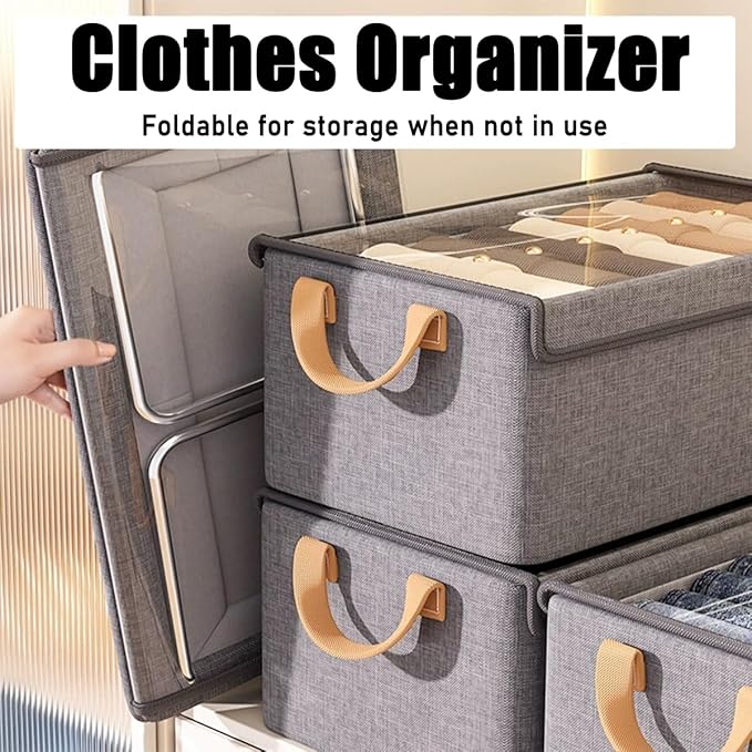 4PCS Foldable Storage Box with Lid - Extra Large Fabric Closet Organizer for Clothes, 18.5x11x7.9 Inch Canvas Bin, Collapsible Design for Bedroom, Shelf, Closet, Underbed (Grey)