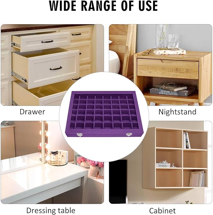 Velvet Jewelry Tray 48 Grid Jewelry Display Tray Organizer Box with Transparent Lid Rings Earrings Necklaces Pendants Display Box Suitable for Women and Girls (Purple)