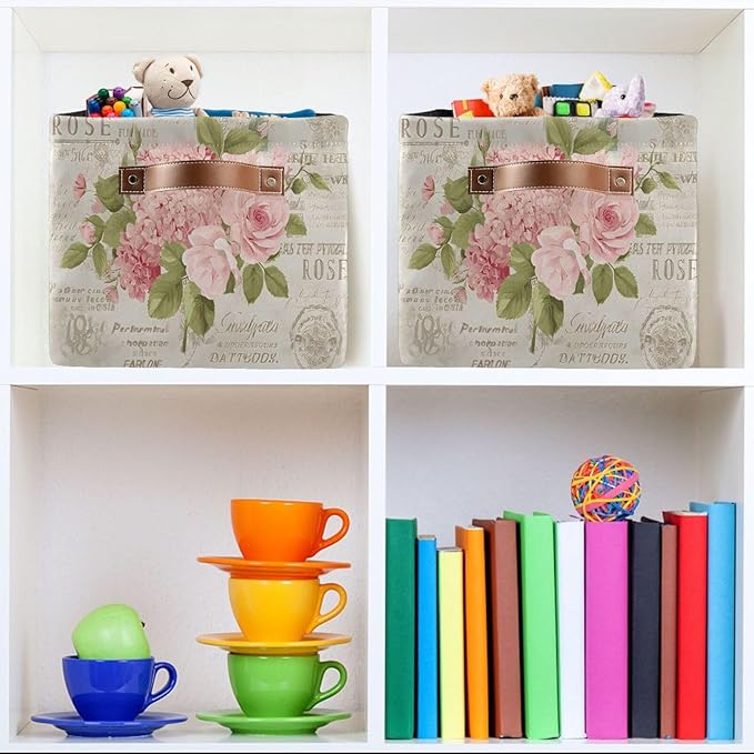 ALAZA Vintage Floral Flower Blossom Foldable Storage Box Storage Basket Organizer Bins with Handles for Shelf Closet Living Room Bedroom Home Office 2 Pack