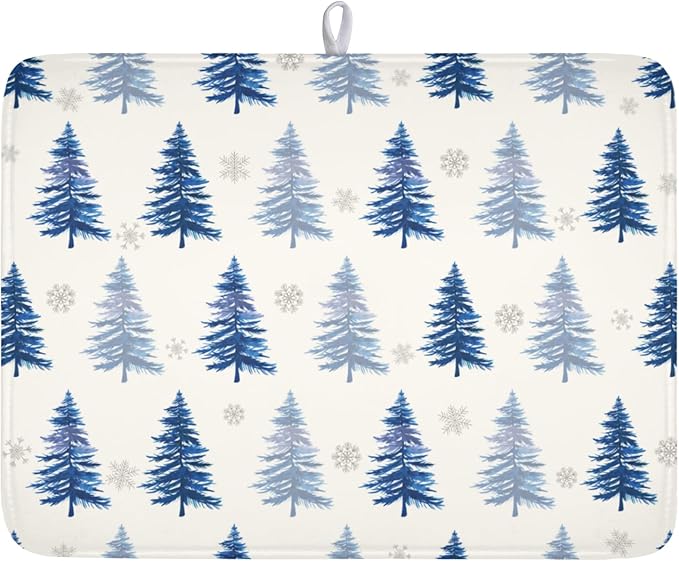 ABSOP Winter Dish Drying Mat 16 x 18 Inch Blue Tree Dish Drying Pad Absorbent Microfiber Mats for Snowflake Dish Rack Pad for Holiday Kitchen Counter Coffee Bar Decor