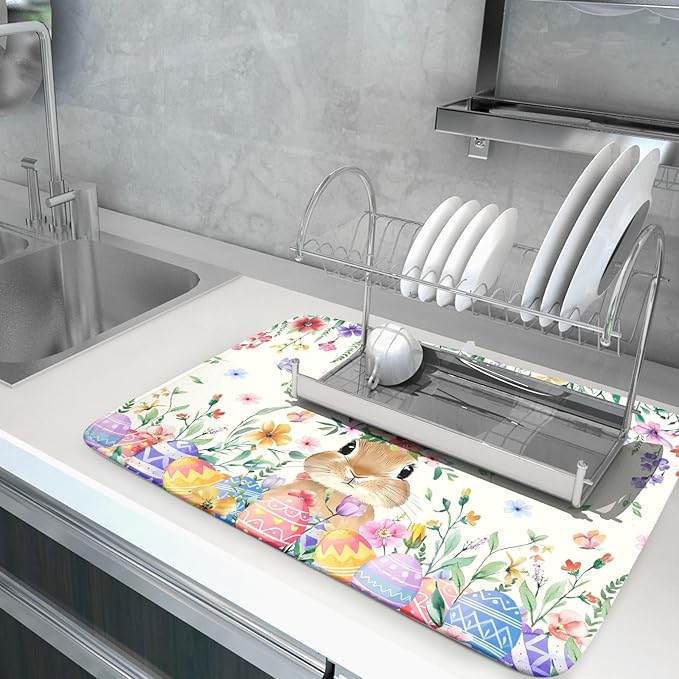 Giwawa Easter Rabbit Dish Drying Mat Spring Flower Dish Drainer Rack Mats 18x24 inch Absorbent Microfiber Fast Dry Pad Kitchen Counter Accessories