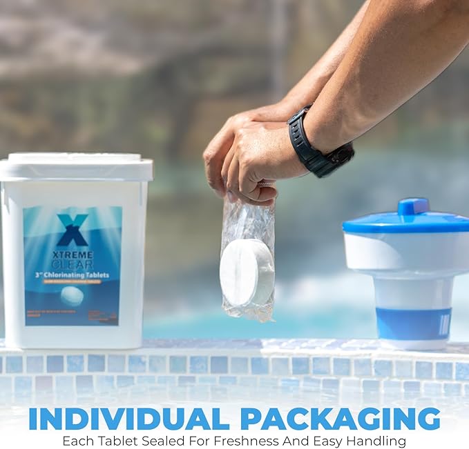 Xtremeclear 3-Inch Chlorine Tablets 99% Pure Tri-Chlor for Swimming Pools Spa Hot Tub 10lbs Bucket - Individually Wrapped Stabilized Sanitizer Slow Dissolving