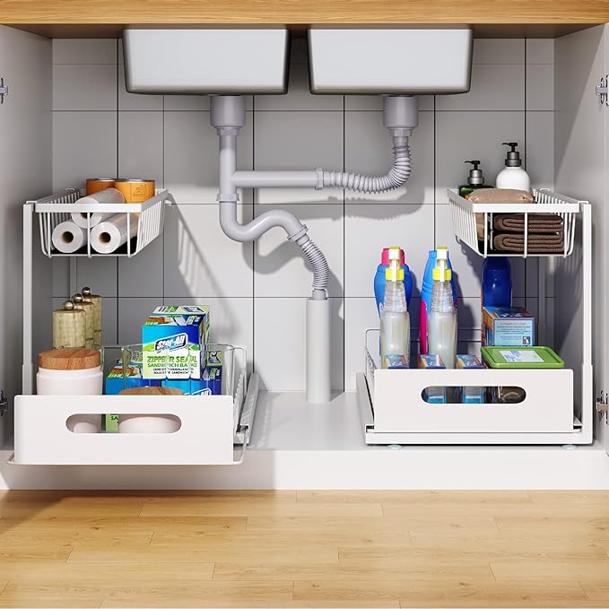 UINOFLE Under Sink Organizer, 2 Tier Pull-Out Cabinet Storage Shelf, Rust-Resistant Metal Organizer for Kitchen Bathroom Laundry Room, No Tools Installation, 1 Pack White