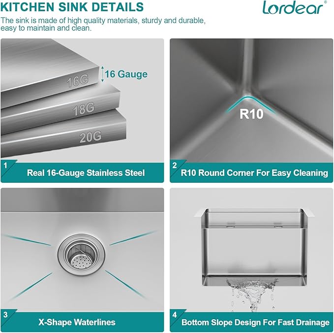 Lordear 15x17 Indoor Outdoor Kitchen Sink with Foldable Faucet Samll Bar Prep 16 Gauge T304 Stainless Steel Single Bowl Basin for Island Camper Wet Bar Prep Mobile Home