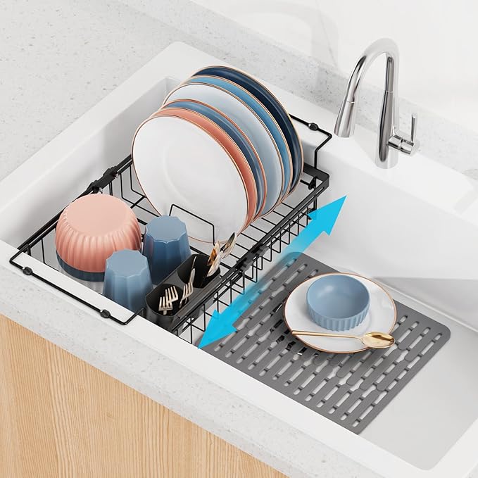 iSPECLE Expandable Dish Drying Rack with Silicone Sink Protector for Kitchen Sink, Rust Resistant Adjustable Dish Drainer, Arms with Non Slip Rubber, 12.8" W x 12.4"-17.1" L, Black