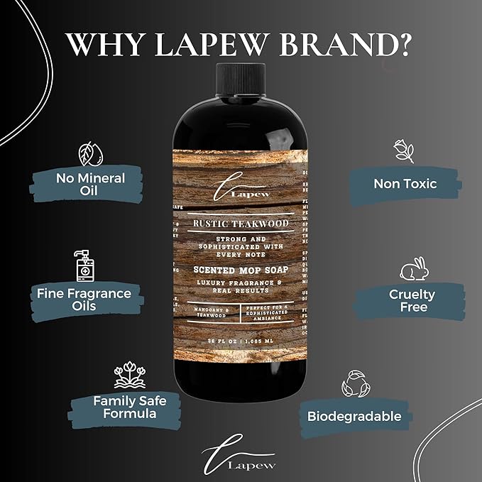 Lapew Rustic Teakwood Scented Mop Soap Concentrate 36 oz | Premium Fragranced Floor Cleaner | Streak-Free | Hard Floor Cleaning Solution | Eco Friendly | Made in USA