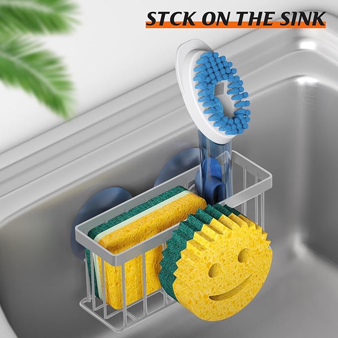 MURLONG Sponge Holder Smiley Face,Sink Caddy,Kitchen Organizer with 2 Suction Cups/1 Adhesive Strips,Designed for Sponge,Soap,Dish Brush,Scrubber - Gray