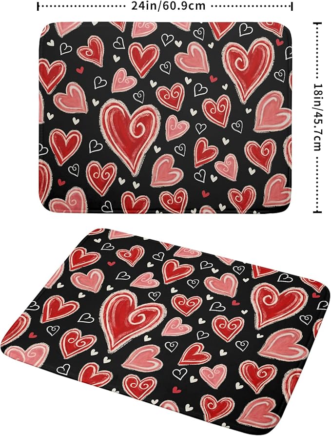 Valentines Day Dish Drying Mat for Kitchen Counter 24x18 Inch Black Red Heart Drying Mat with Absorbent Reversible Microfiber Love Dish Drainer Mats Rack Pad for Coffee Countertop Protector