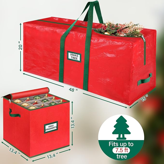 StorageRight Christmas Tree Bag & Ornament Storage Box Set, Water-Resistant 7.5 Ft Tree Storage & 64-Compartment Organizer with Dividers, Tag Pockets & Handles, Heavy-Duty Xmas Decor Containers, Red