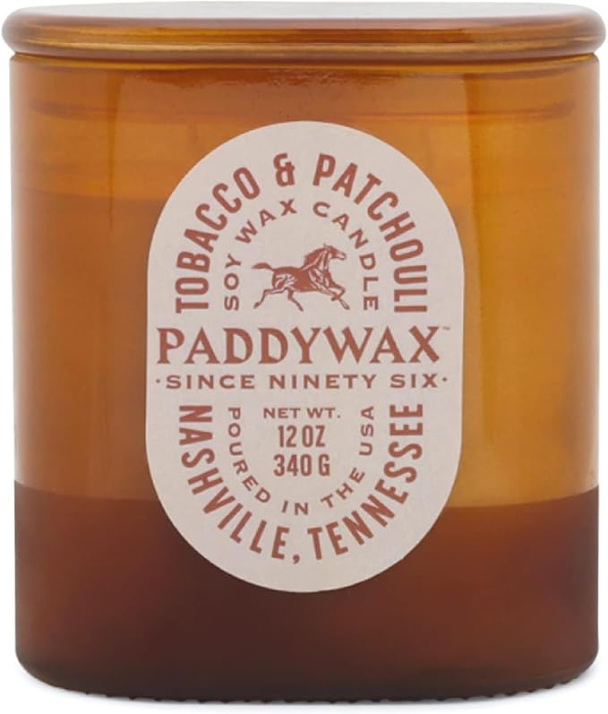 Paddywax Vista Scented Candle with Lid in Reusable Tonal Glass Jar, Clean-Burn 2-Wick Soy Candle with Approx. 84 Hour Burn Time, Decorative Gift Candles for Home, Tobacco & Patchouli, 12 oz