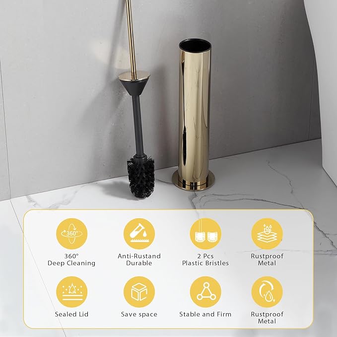 BGL Toilet Brush and Holder Set, Heavy Duty 304 Stainless Steel, Round Base and Long Handle for Bathroom Deep Cleaning, Drip-Proof, Space Saving for Storag, Polished Gold