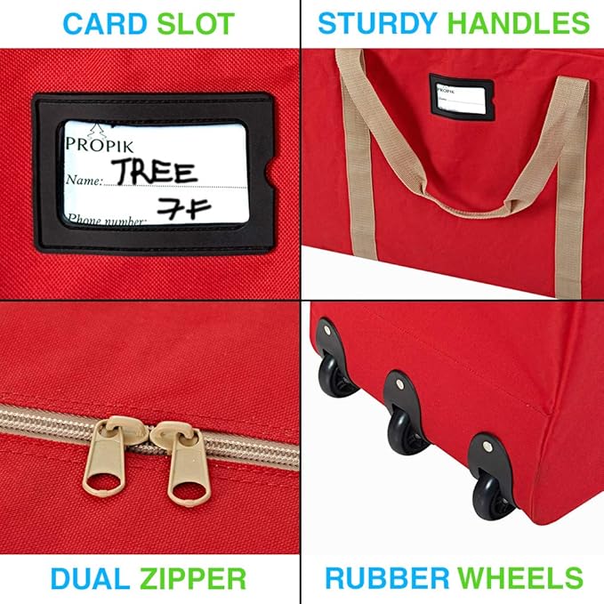 ProPik Rolling Christmas Tree Storage Bag, Fits Up to 9 ft. Xmas Tree, 28"x 16"x 60", Extra Large Heavy Duty Storage Container with Wheels and Handles, 600D Oxford (Red)