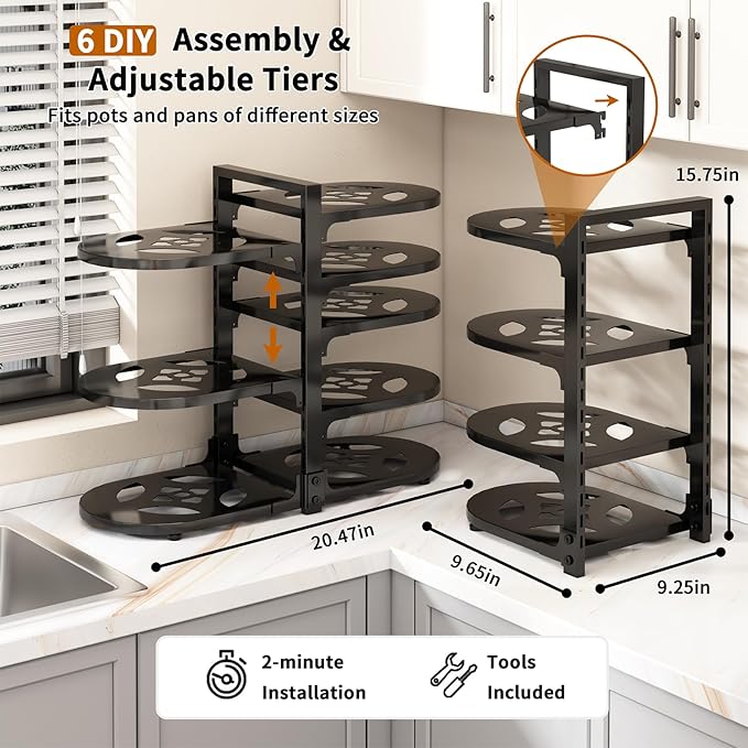 Fovkdcvw Adjustable Heavy Duty Pots and Pans Organizer Under Cabinet, 8-Tier Pot and Pan Organizers Inside Cabinet, Kitchen Cabinet Organizers and Storage, Black