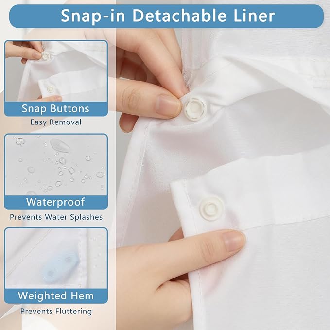 Double Layer Shower Curtains, No-Hook Cute Shower Curtain with Snap-in Weighted Shower Curtain Liner, Water Repellent & Quick-Dry Bath Tub Curtain, Cartoon Ocean Creature Stamp Pattern, 71"W x74"L