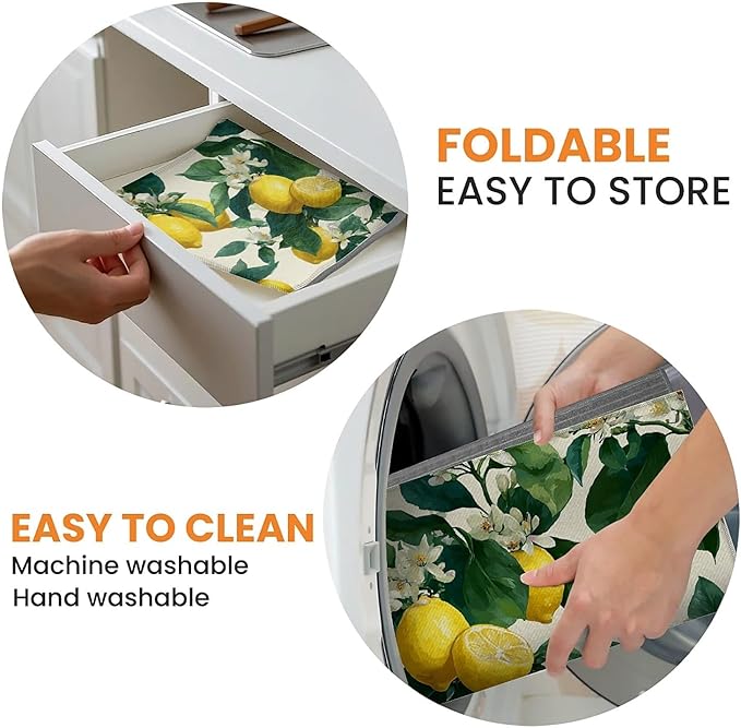 Dish Drying Mat For Kitchen Counter, Lemon Microfiber Absorbent Dish Drainer Rack Pad Reusable Large 18x24in Drying Mat