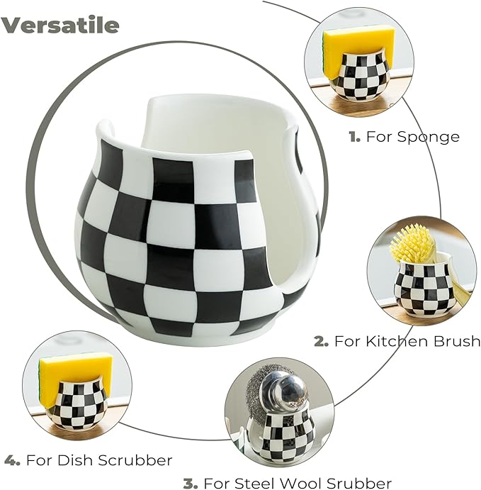 Zoeeker Checkered Sponge Holder for Kitchen Sink, Ceramic Dish Sponge Dish Rack Scrubby Holder Kitchen Organizer Cute Sink Caddy Organizer, Farmhouse Decor, Black and White