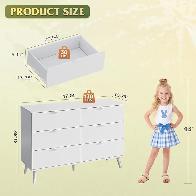 WLIVE White Dresser for Bedroom, 47'' Wide 6 Drawer Wooden Chest of Drawers, Modern Dresser Storage Organizer, TV Stand for 55 inch TV, for Living Room, Hallway, Closet