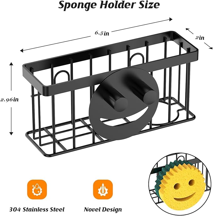 MURLONG Sponge Holder Smiley Face, Sink Caddy for kitchen Sink, Kitchen Organizer Sponge Holder with 2 PCS Suction Cups/1 PCS Adhesive Strips, Designed for Sponge, Soap, Dish brush, Scrubber-Black
