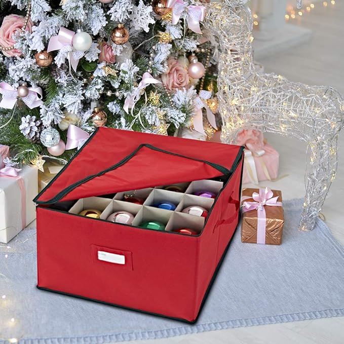 ProPik Large Christmas Ornament Storage Box, Organizer Holds Up to 75 Xmas Ornaments Balls, Holiday Decorations Accessories Storage Container with Dividers, Durable 600D Oxford (Red)