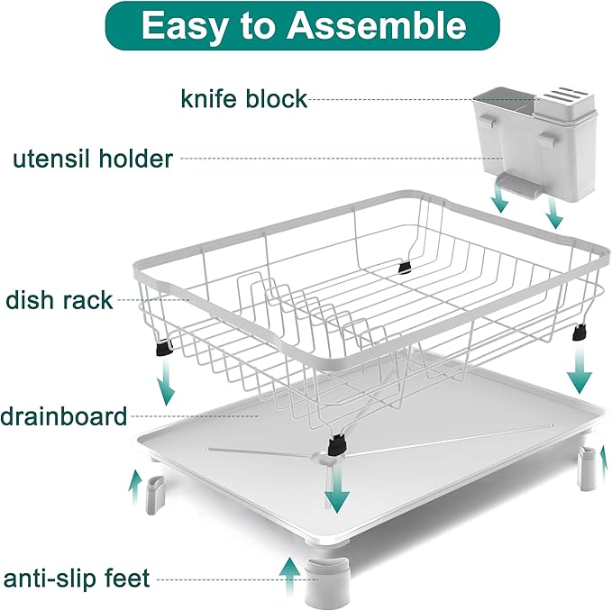 Goderewild Dish Drying Rack for Kitchen Counter,Space-Saving Dish Rack with Drainboard,Rustproof Countertop Dish Drainer with Utensil Holder for Sink,White