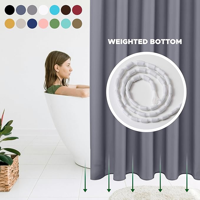 Biscaynebay Hotel Quality Fabric Shower Curtain Liner 72 Inch by 72 Inch, Dark Grey Water Resistant Bathroom Curtains Liners, Rust Resistant Grommets Top Weighted Bottom Hem Machine Washable