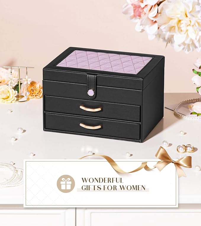 Black Jewelry Box Organizer: Home Decor for Women - 2-Drawer Holder for Valentine’s Day Birthday Gift Black Grey-Purple