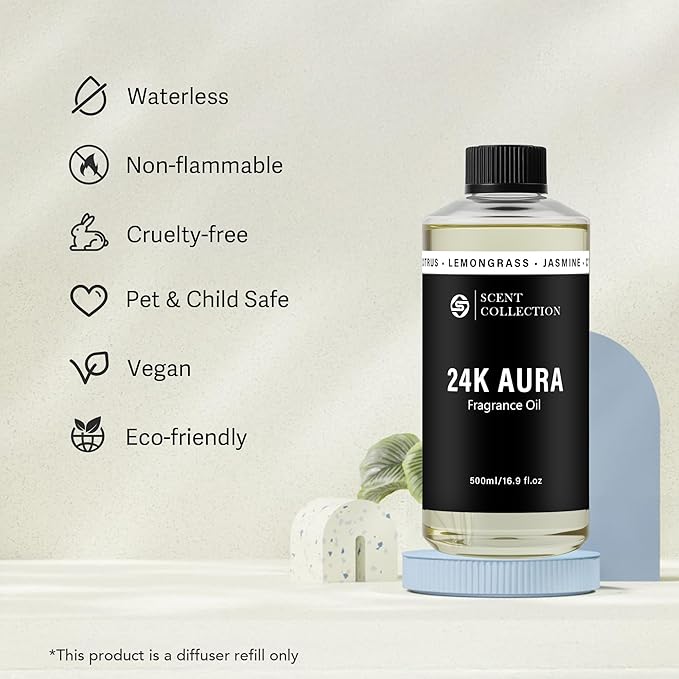 Luxury Hotel Scent 24K Aura Diffuser Oil Waterless Essential Aromatherapy for Cold Air & Car Diffusers – Long Lasting Refill for Large Room & Home - Non Toxic, Signature Lemongrass (500ml/16.9Fl oz)