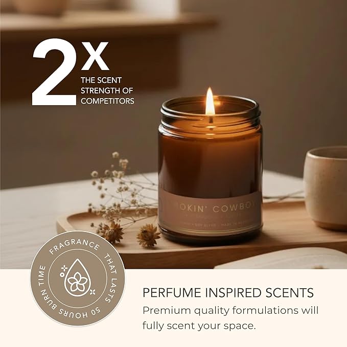 Bia Candle Co Soy Blend Candle, Woody Tuscan Leather, Sandalwood & Cedar with Iris – Long-Lasting Clean Burn, Lead-Free Wick – Brown Glass Jar, Gold Lid – Smokin’ Cowboy Scent, 7 oz