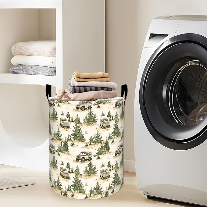Rustic Car with Pine Tree Forest Scene Laundry Basket with Handles, 19.7"x15.7" Clothes Foldable Laundry Hamper Organizer for Dorm Nursery Bedroom Bathroom Decor, Toy Storage Bin for Kids