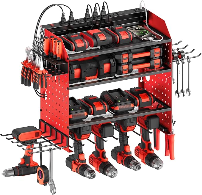 CCCEI Modular Power Tools Organizer with USB Charging Station, 4 Layer Drills and Battery Storage Wall Mount, Garage Shop Organization, Anniversary, Birthday, Gifts for Men, Father, 6FT Cord, Red.