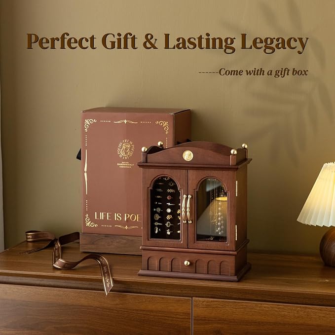 KINTNESS Magic House Style Black Walnut Wooden Jewelry Box - Solid Wood Large Jewelry Organizer with Secret Compartment for Women Girls, Jewelry for Bracelet, Necklace, Ring