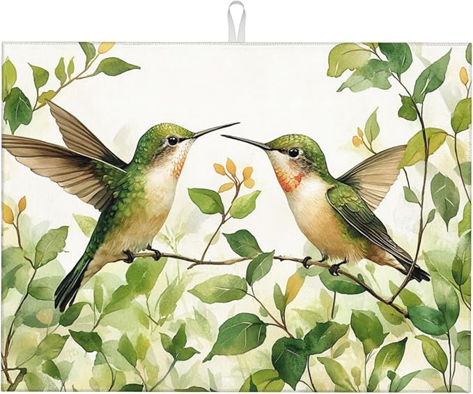 Green Hummingbird Dish Drying Mat for Kitchen Counter Microfiber Super Absorbent Non-Slip Dish Drying Pad for Countertops Dishes Utensils Stylish Quick-Dry Machine Washable 18x24 Inch