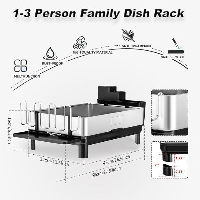 Ewaiira Dish Drying Rack, 304 Stainless Steel Dish Racks for Kitchen Counter, Dish Drainers with Automatic Drainage, Utensil Holder & Cups Holder, Space Saving Kitchen Organizer, Black