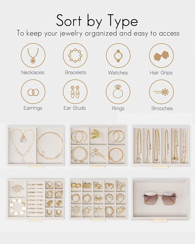 Vlando 6 Layer Jewelry Box for Women, Glass Lid Jewelry Organizer with 6 Drawers for Necklaces Rings Earrings Bracelets - Cloud White