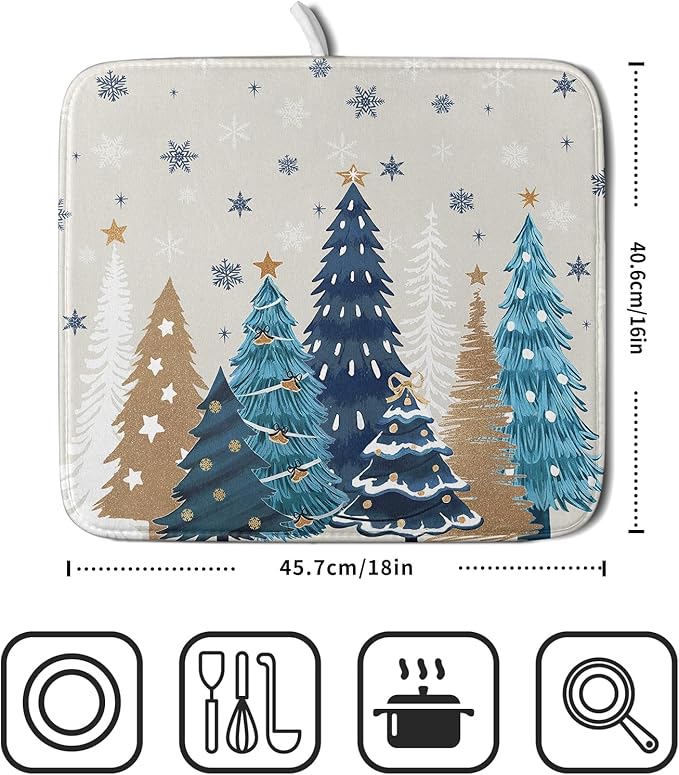 Christmas Tree Dish Drying Mat for Kitchen Counter 18x16 Inch Xmas Snowflake Drying Mat with Absorbent Reversible Microfiber House Blue Trees Dish Drainer Mats Rack Pad for Coffee Countertop Protector