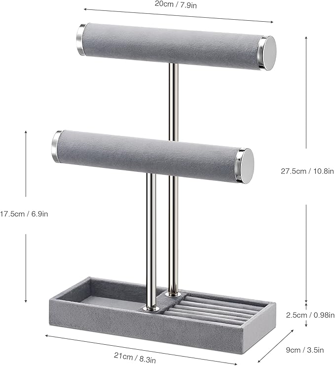 bussdis 2 Tier Bracelet Holder Display - Detachable T Bar Grey Velvet Bracelet Holder, Jewelry Holder Organizer for Bracelet, Necklace, Earrings, Rings