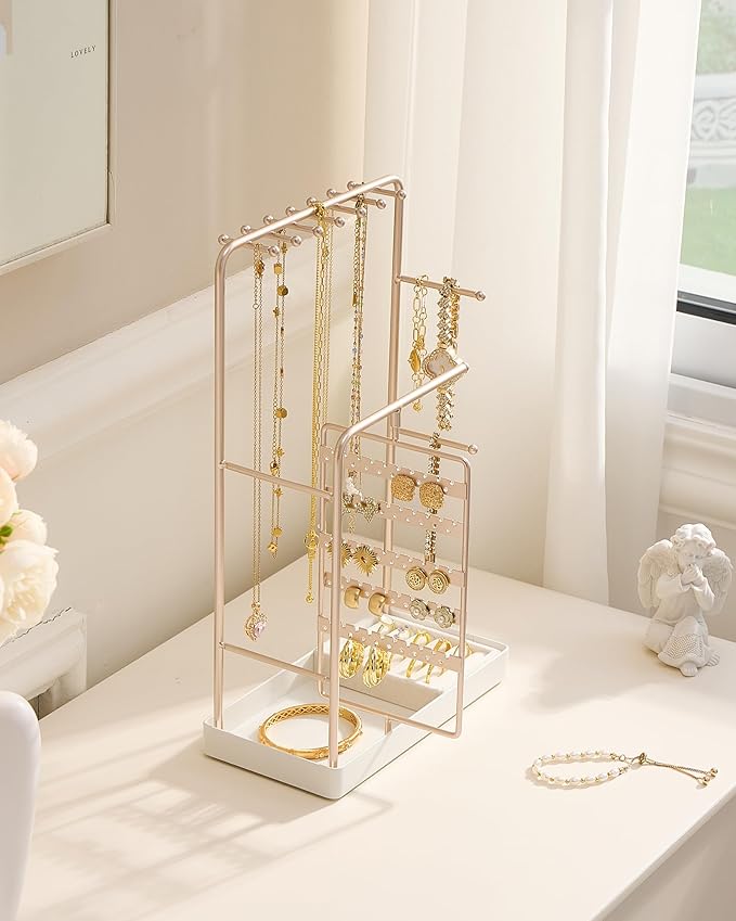 ProCase Jewelry Stand Holder Organizer, Jewelry Display Storage with Ring Tray, No-Assembly Needed, Rotating Earring Bracelet Necklace Holder, Christmas Gifts Room Dorm Decor for Teen Girls -Champagne