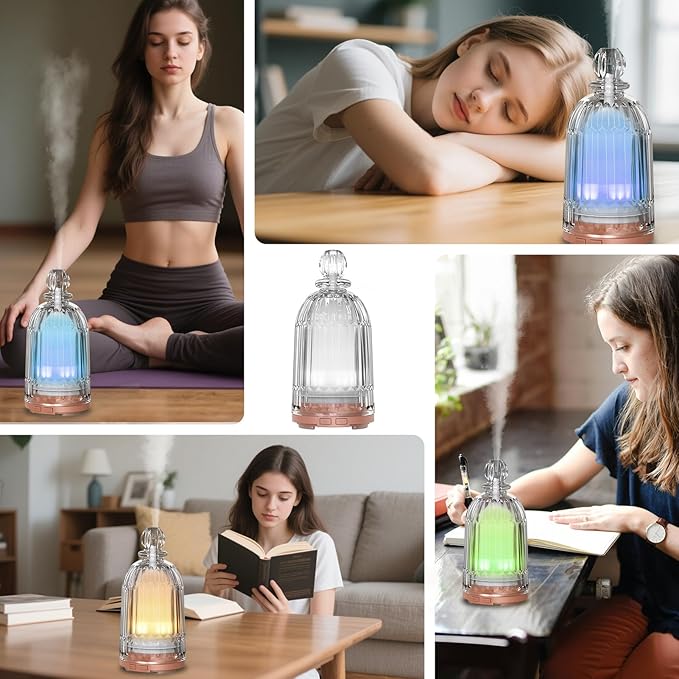120ml Glass Essential Oil Diffuser, Ultrasonic Aroma Diffuser Glass Cover & Plastic Reservoir with Auto Shut-Off 7 Colors LED Lights for Home Office Bedroom(Bronze Base)