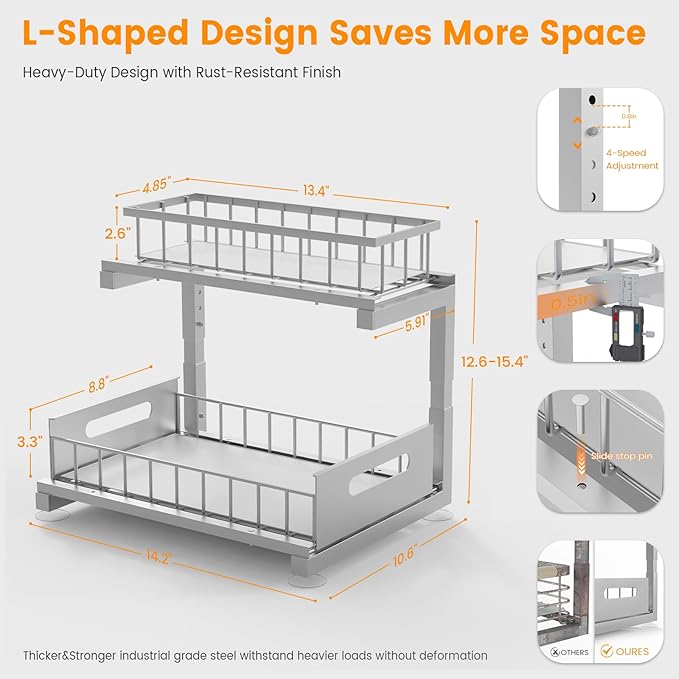Toyear Under Sink Organizer, Heavy Duty Metal Pull Out Cabinet Organizer Slide Out Sink Shelf Organizer Height Adjustable, Multi-Purpose Storage Shelf for Kitchen Bathroom(Sliver,1Pack)