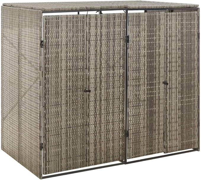 Double Wheelie Bin Shed Garbage Can Storage Shed, PE Trash Container Management Unit, Outdoor Patio Recycling Dustbin Trash Shed, Gray 55.1"x31.5"x46.1" Poly Rattan