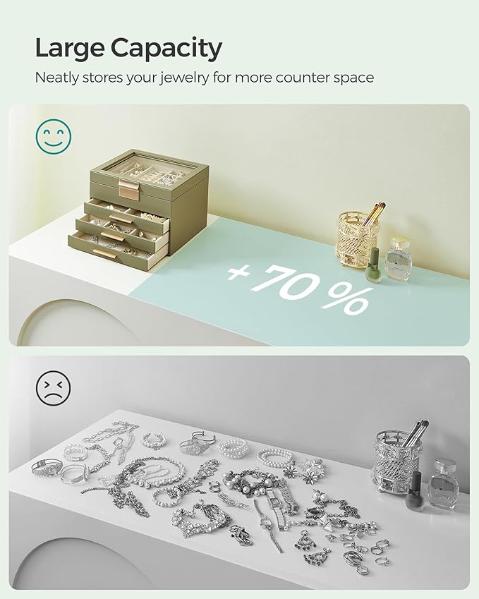 SONGMICS Jewelry Box Organizer with Glass Lid, 4-Layer Jewelry Storage, with 3 Drawers, Modern Style, 8 x 9.1 x 6.5 Inches, Laurel Green and Gold Color UJBC173C02