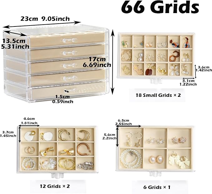 Jewelry Organizer with 5 Drawers Clear Acrylic Earring Display Case Velvet Jewelry Storage Box Display Holder for Earring Ring Bracelet Necklace (Beige, 66 Grids)